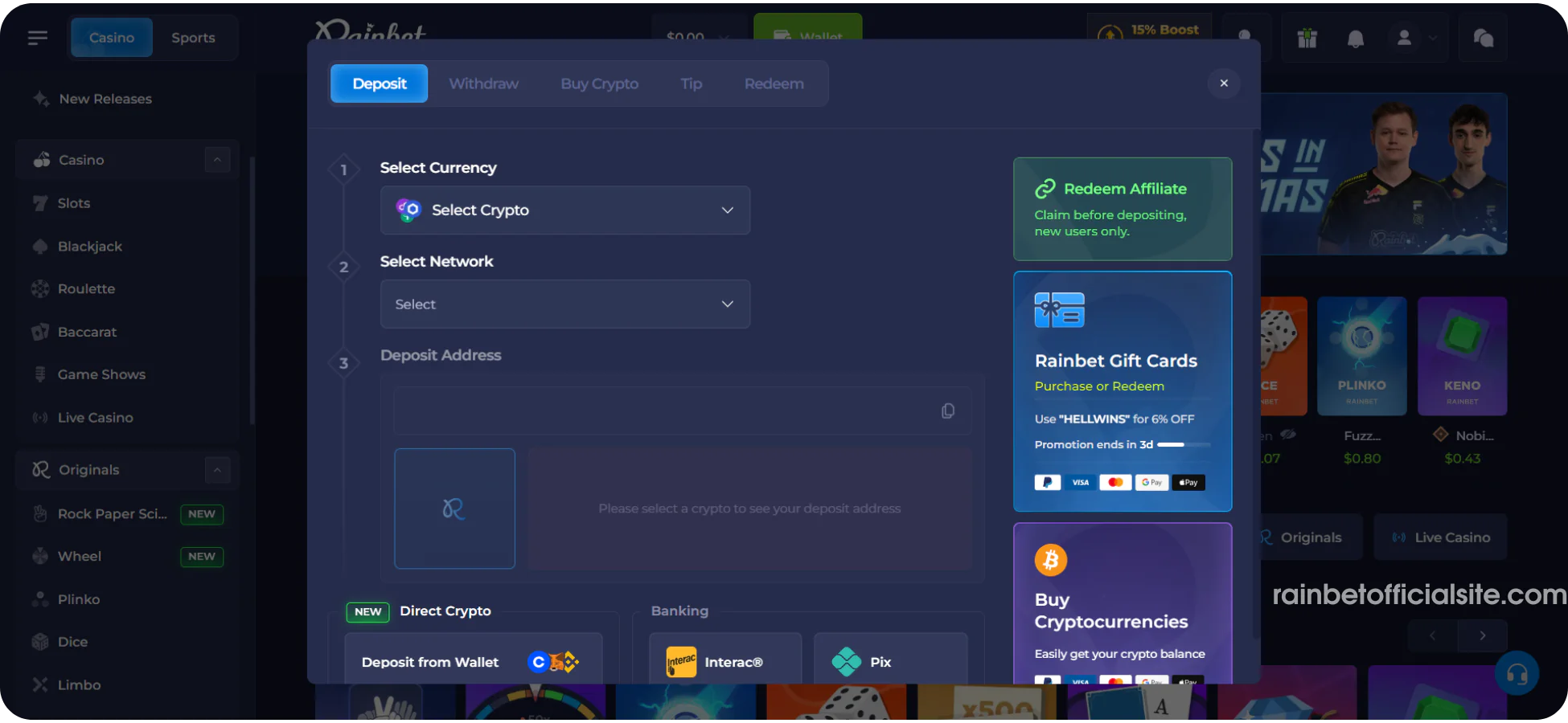 Rainbet crypto deposit window system