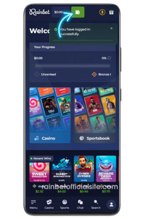 Rainbet inlog stortingsknop