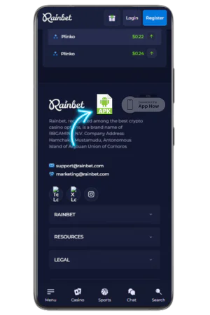 Rainbet Android APK download button selection screen