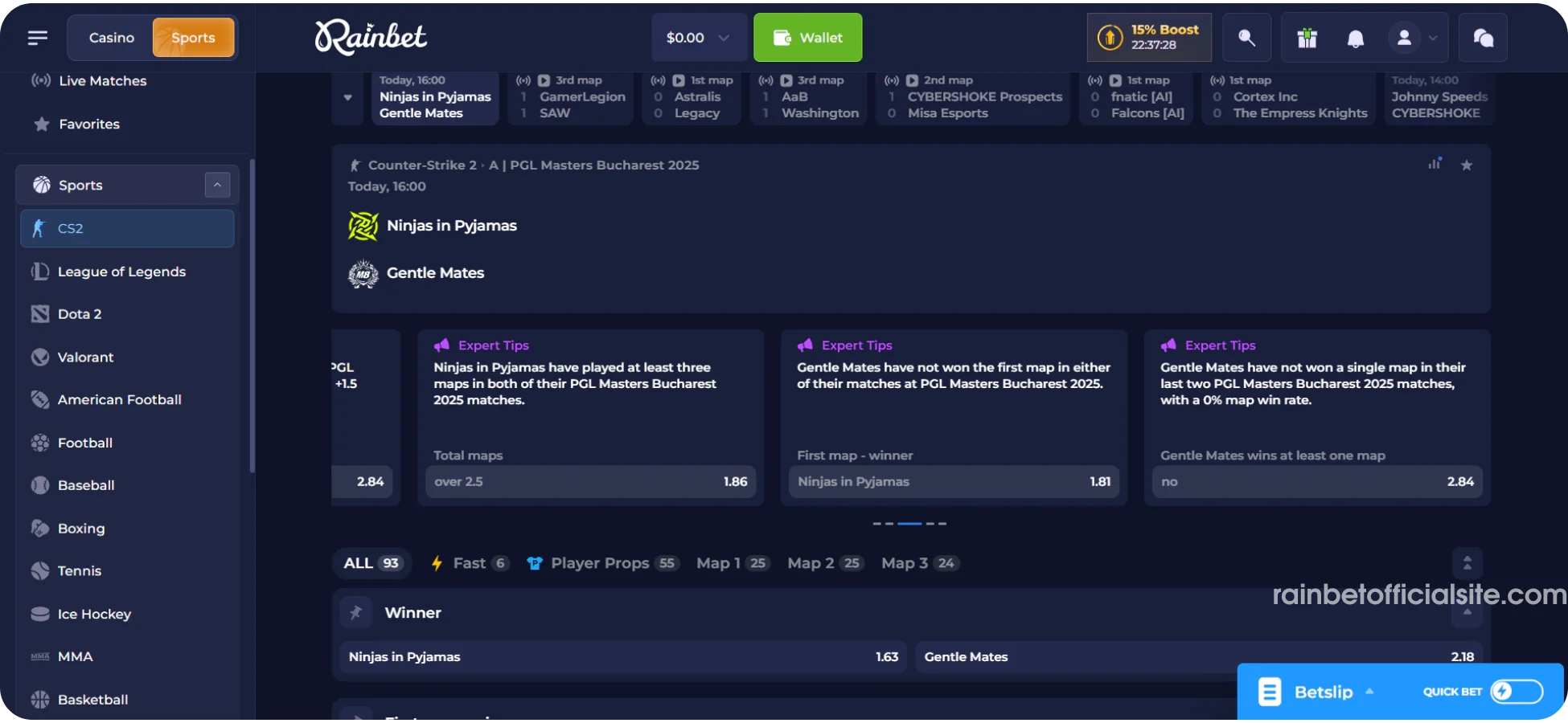 Rainbet detailed event betting markets