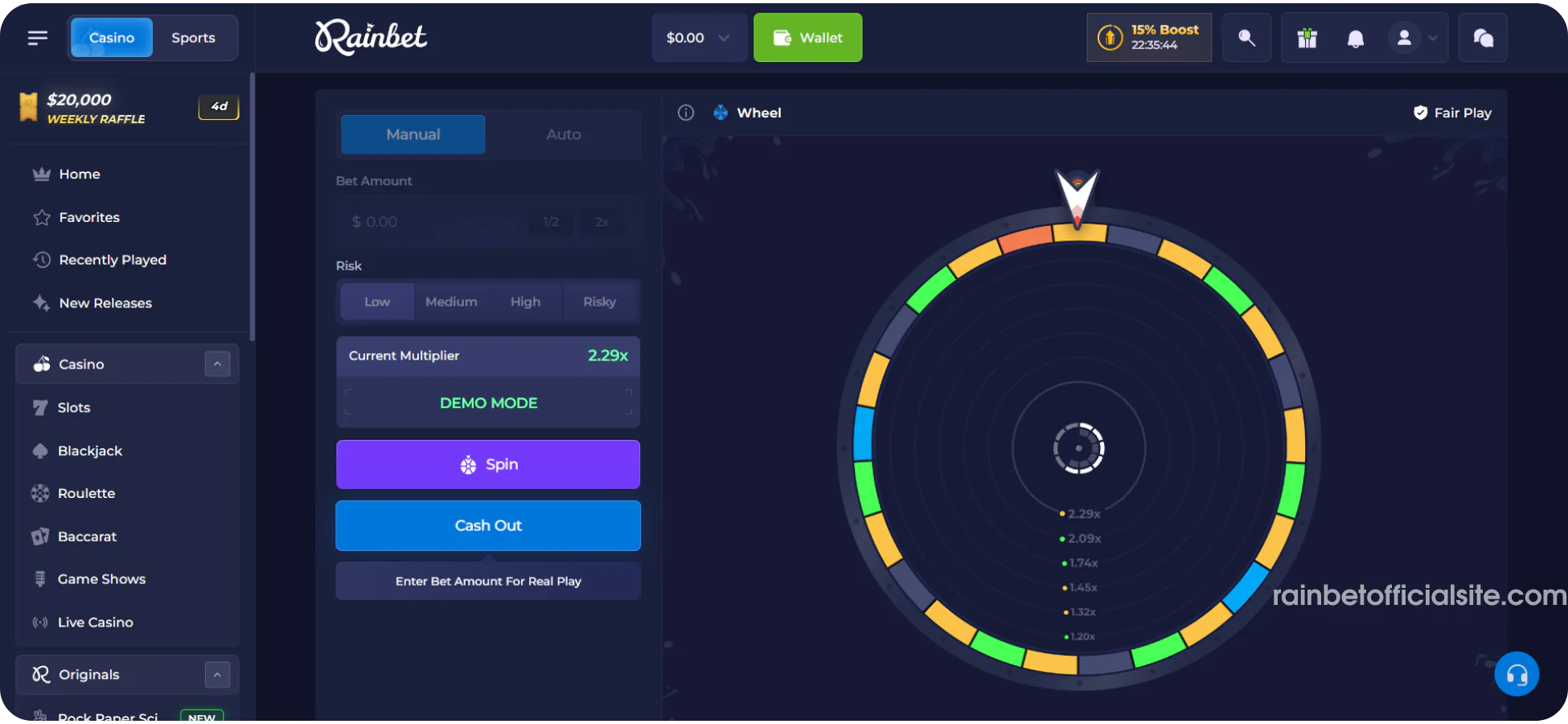 Rainbet original wheel game interface