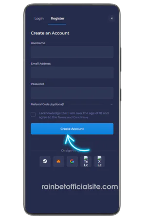 Rainbet Casino registratieformulier
