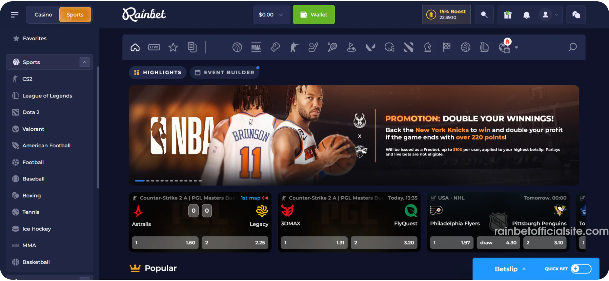 Rainbet sports betting main section