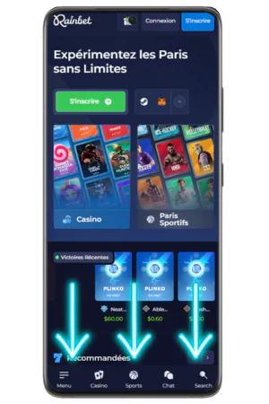 Emplacement bouton téléchargement app site officiel Rainbet