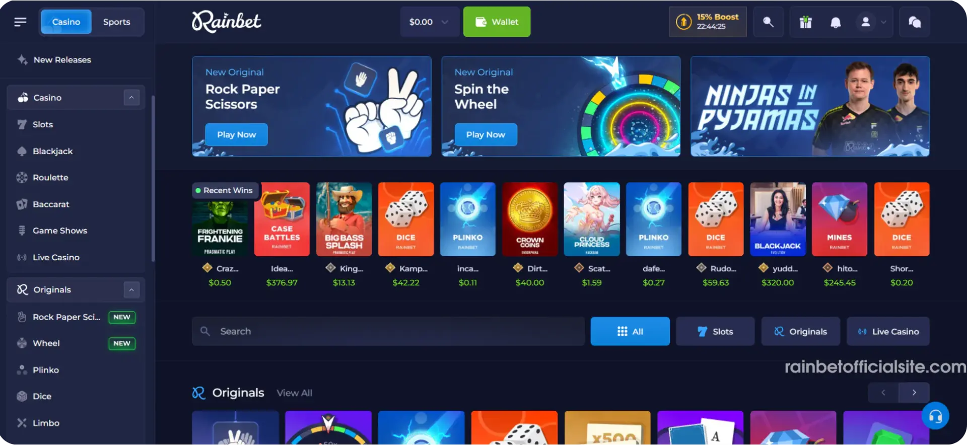 Rainbet Casino Ελλάδα - Κύρια Διεπαφή Λόμπι