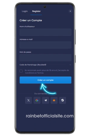 Rainbet registration form with email and password fields